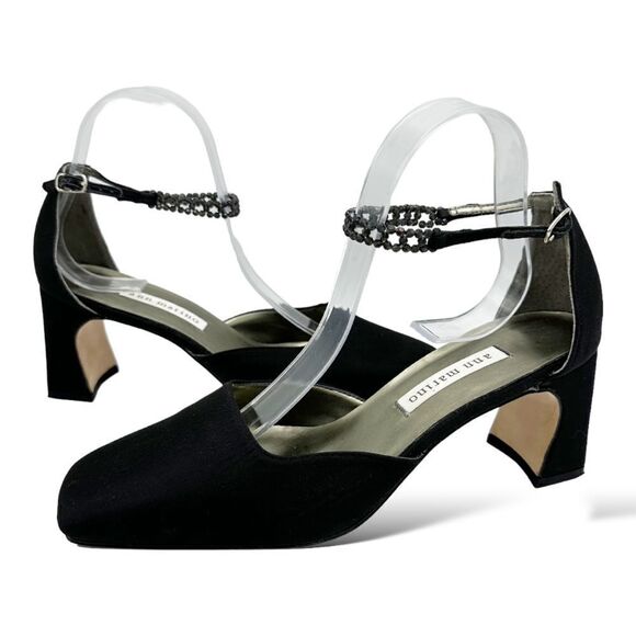 Ann Marino Black Beaded Bracelet Ankle Strap Satin Evening Heels Shoes Sz 9M - Picture 1 of 14